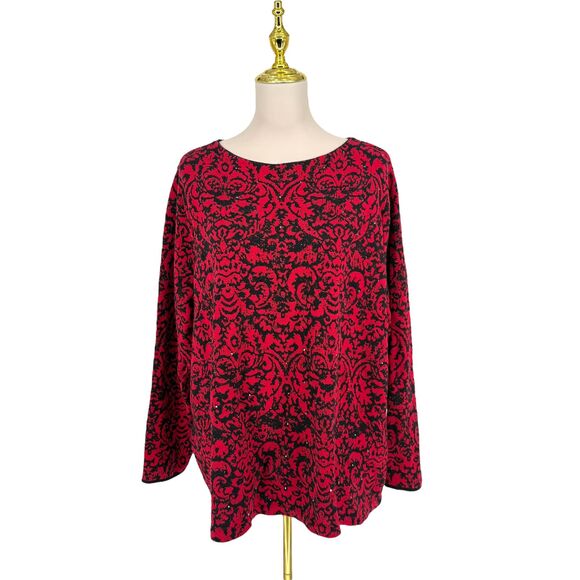 J. Jill Jacquard Tunic Sweater 3X Red Black Damask Rhinestone Sparkle Holiday - Picture 3 of 11